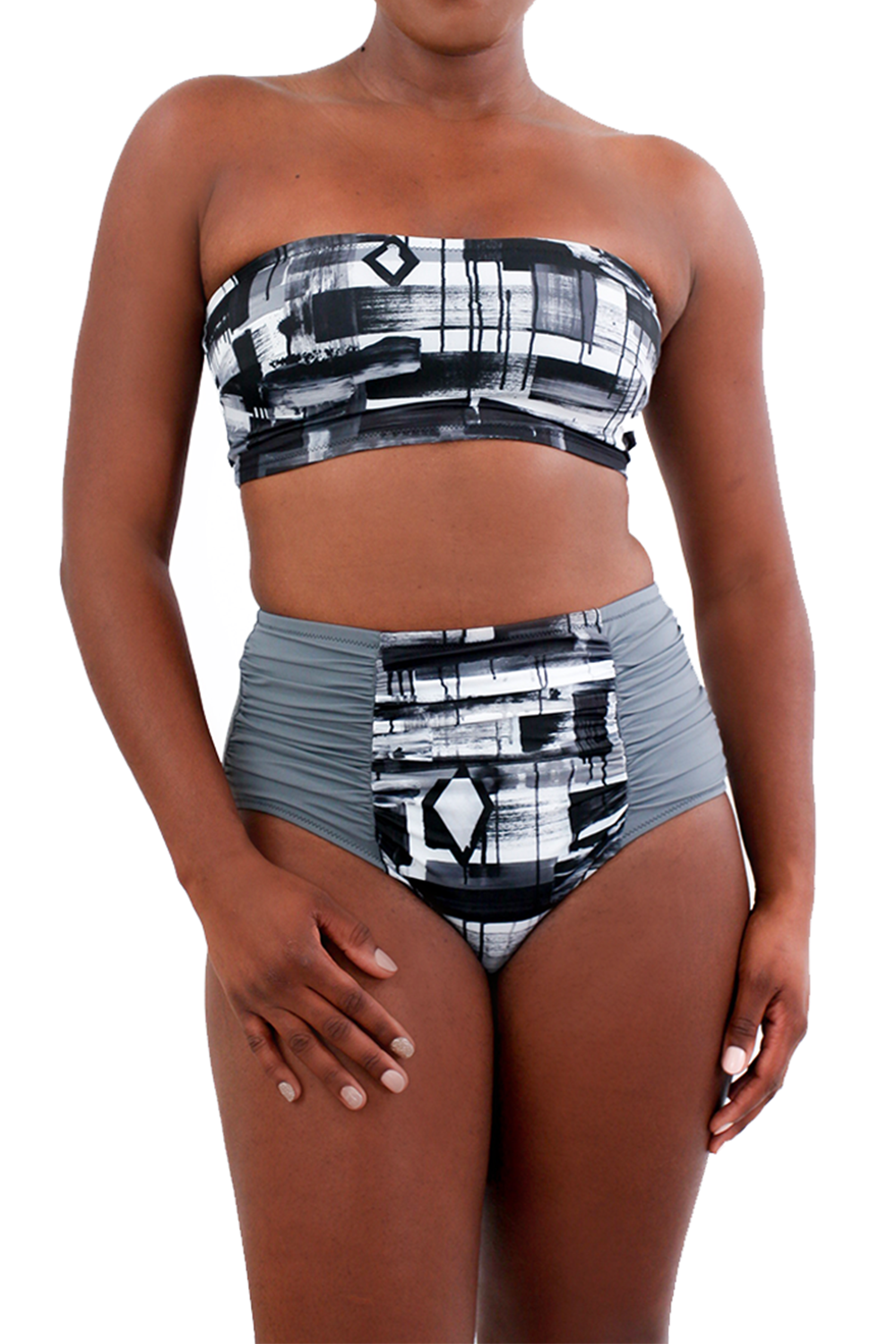 high wasited patterened bikini bottom black white