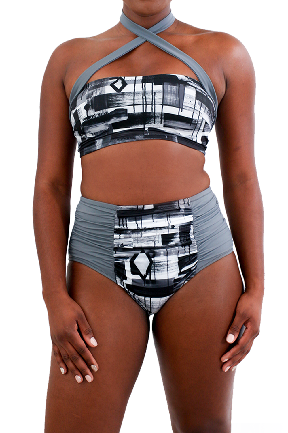 model wearing patterned tube bikini top