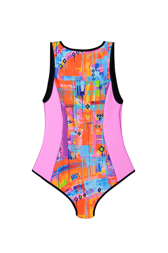 one piece patterned pink swimsuit