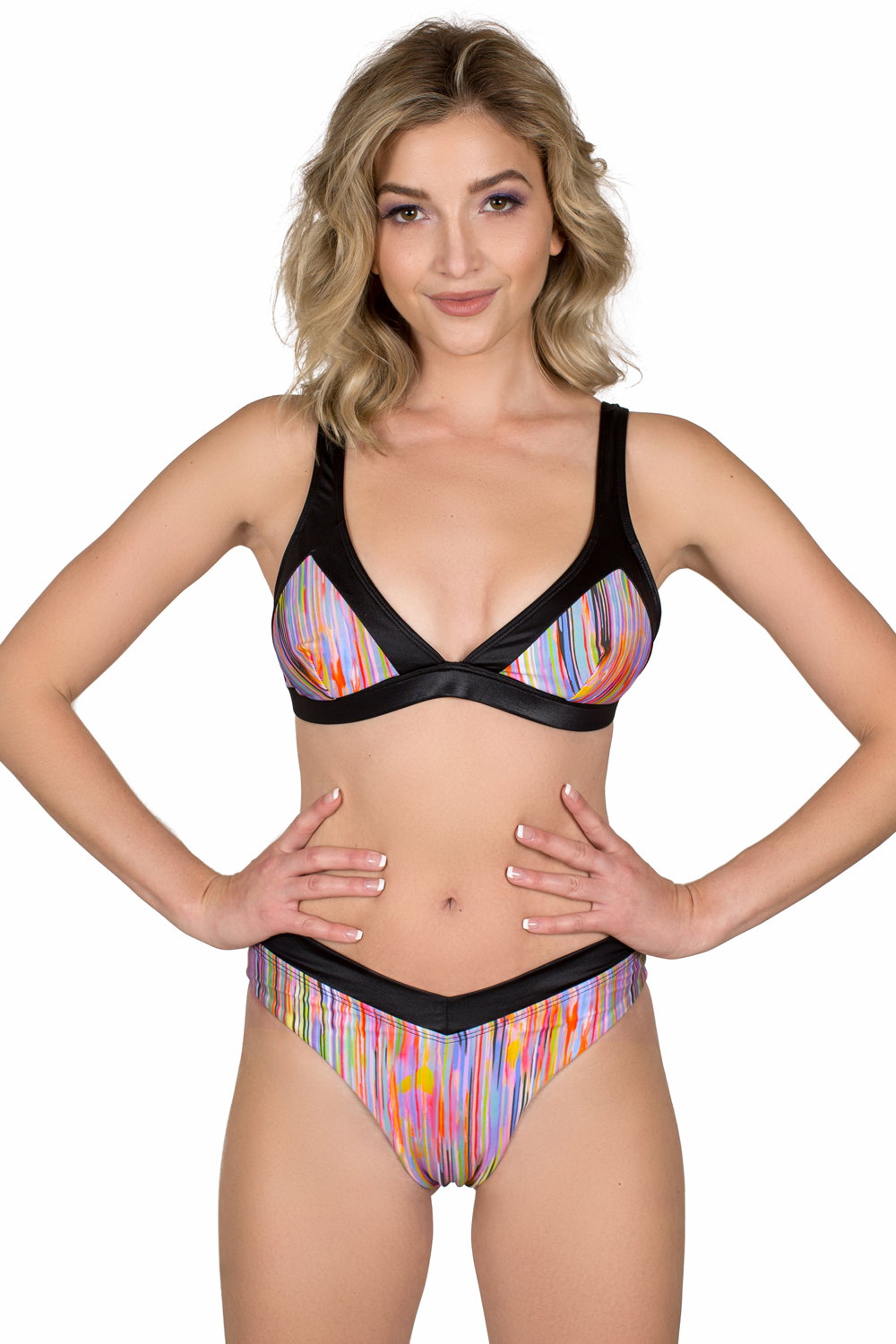 Colorful patterned bikini set with black outline