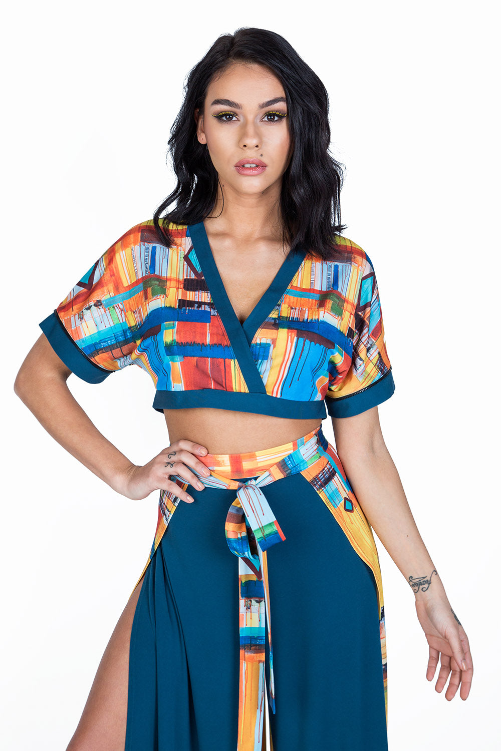 model wearing patterned crop top