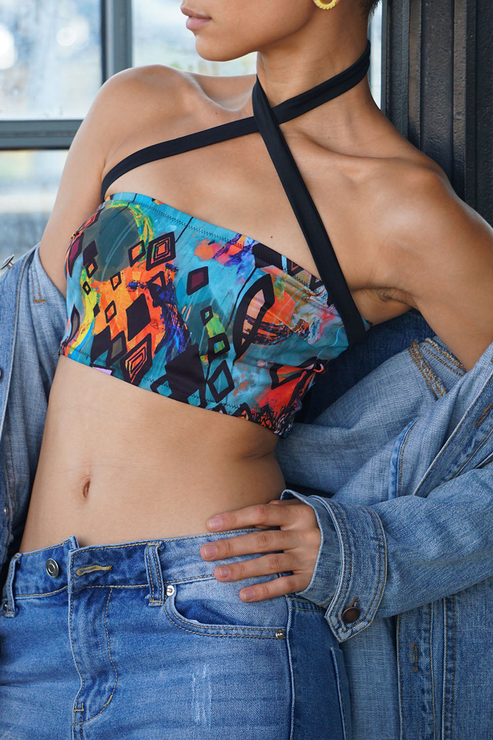 woman wearing colorful tube top with strap