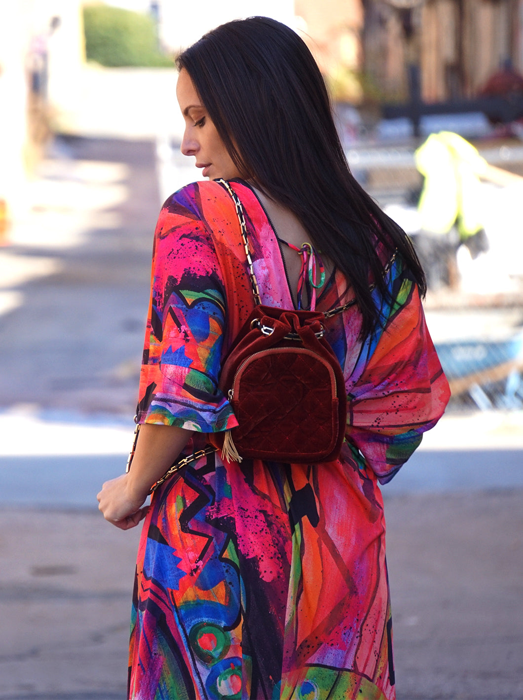 model wearing colorful kaftan