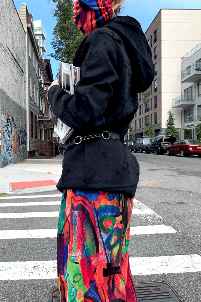 model in nyc wearing colorful mask