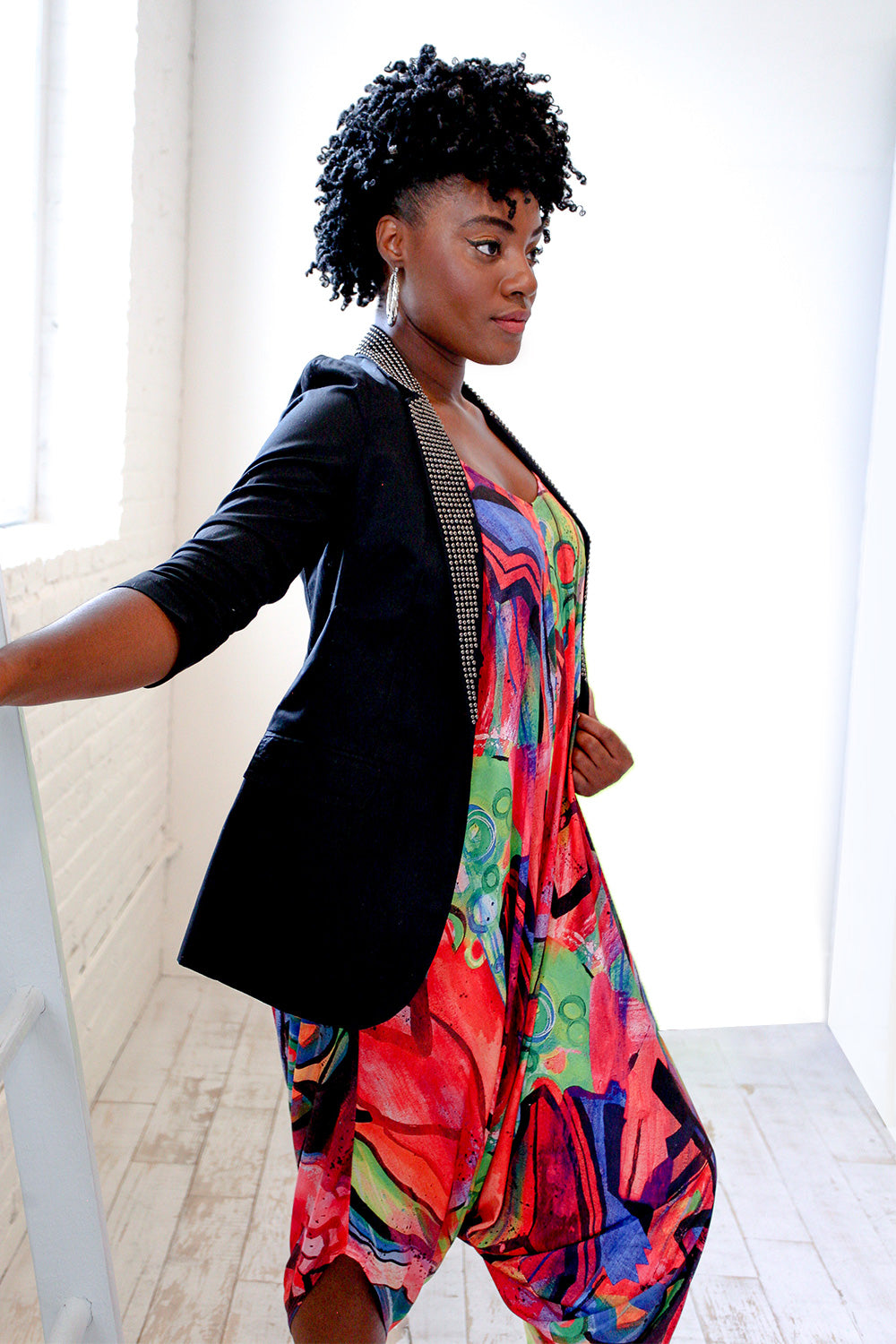 patterned colorful jumpsuit black jacket