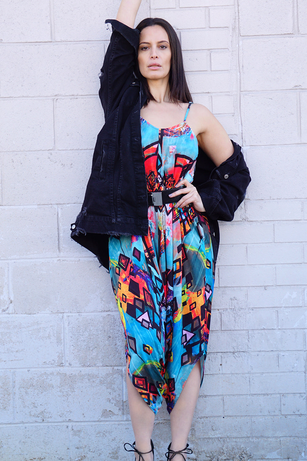 woman wearing patterned jumpsuit