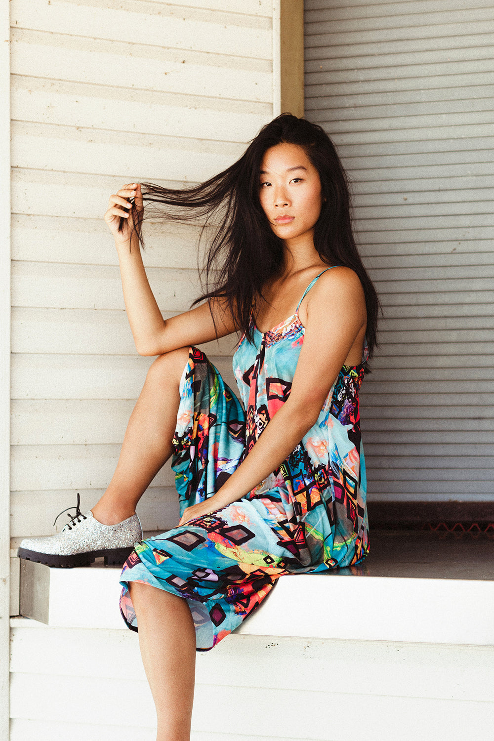 square patterned blue jump suit