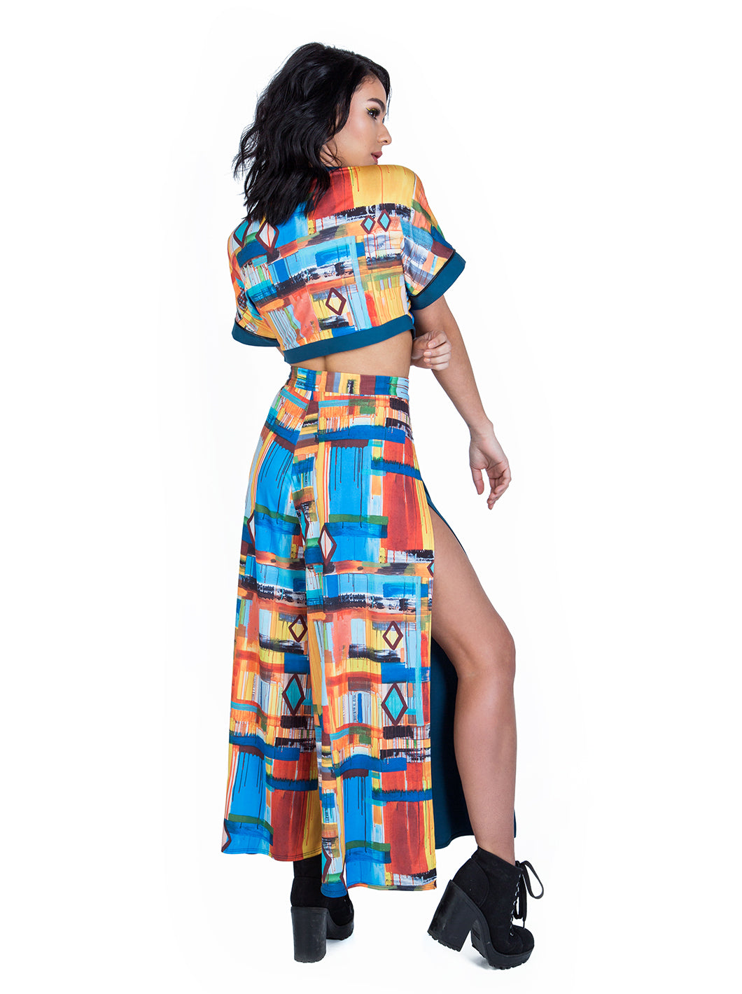 back of model wearing patterned crop top