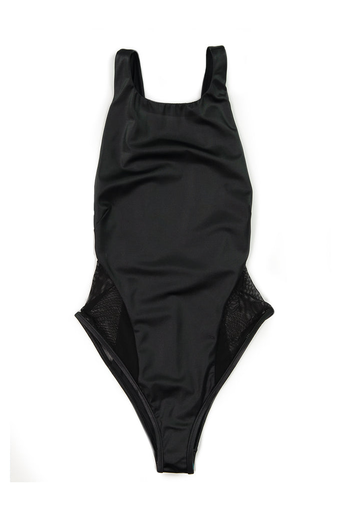 black one piece bathing suit with mesh
