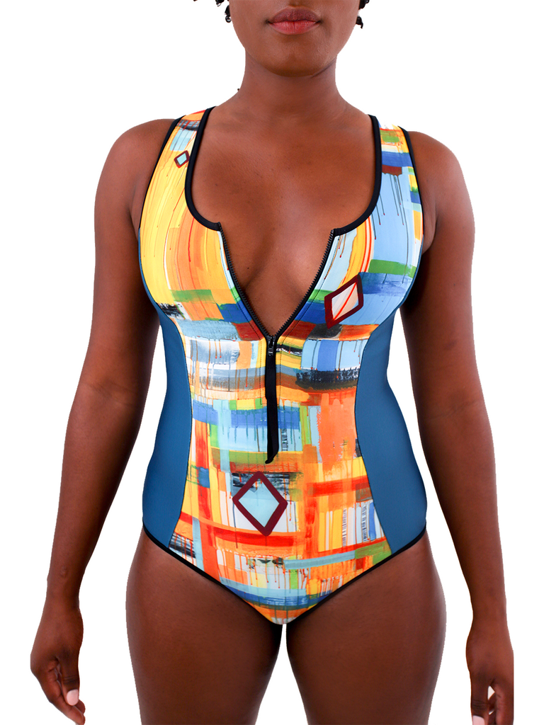 front of model in bathing suit with zipper