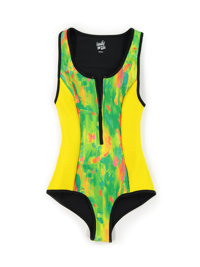 yellow patterned one piece bathing suit 