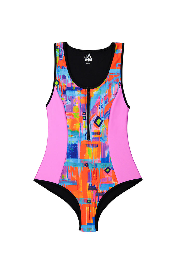 one piece patterned pink swimsuit