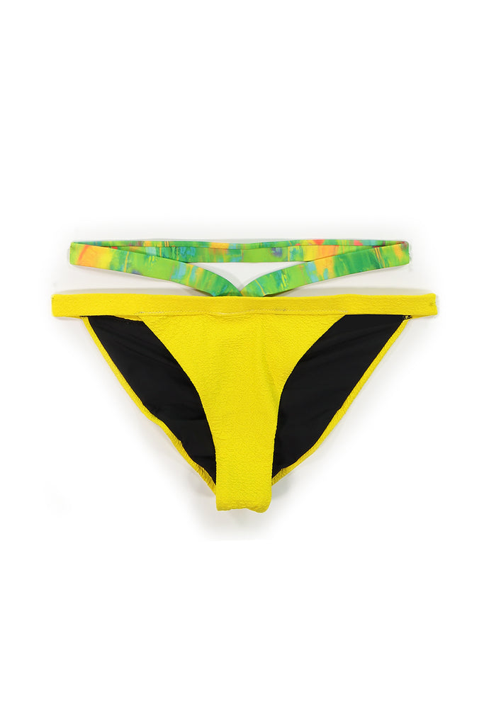 yellow bikini bottom with green straps
