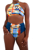 high wasited blue patterened bikini set