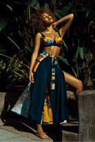model wearing blue patterned wrap pant