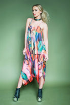 woman wearing colorful jumpsuit 