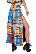 back of model wearing blue patterned wrap pant