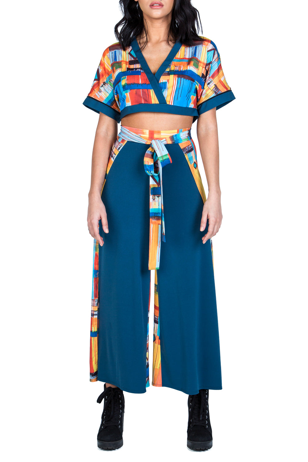 blue patterned wrap pant 
