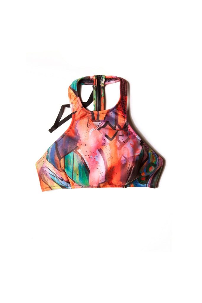 front of patterned colorful halter top